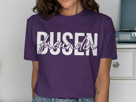 Purple Shirt with White and Pink Busenfreundin Design