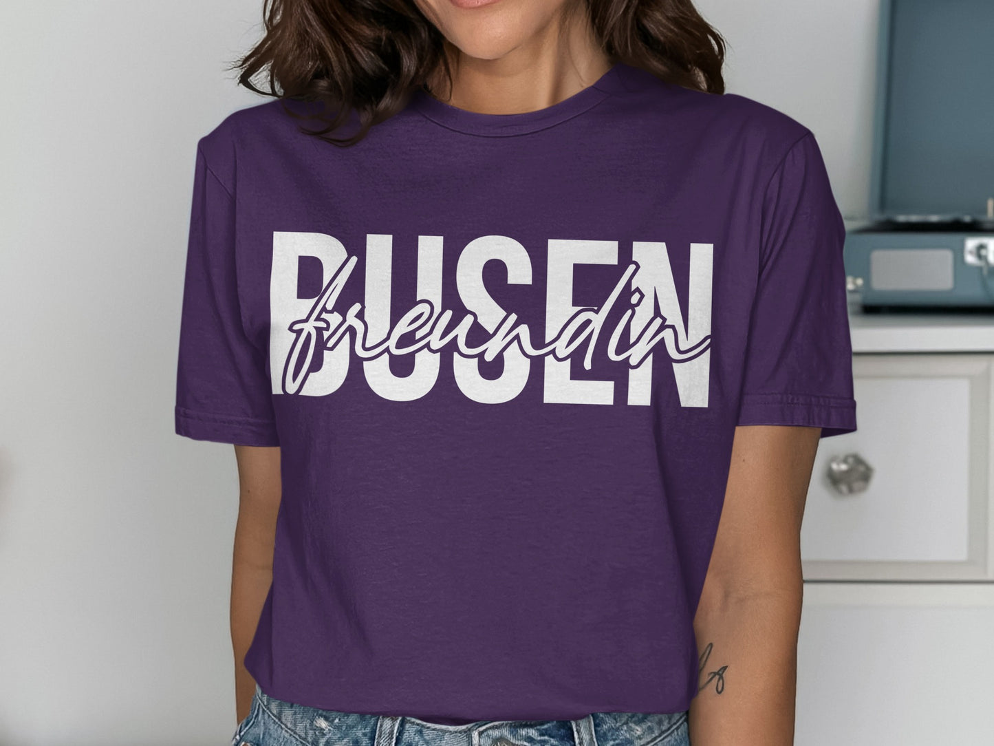 Purple Shirt with White and Pink Busenfreundin Design