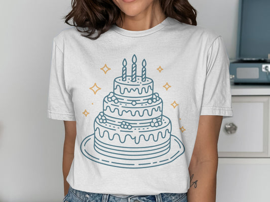 Three-tier cake with candles graphic t-shirt