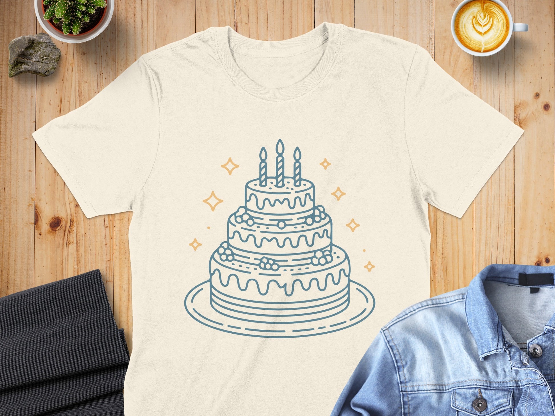 Cute Candle-Topped Cake Graphic on Beige T-Shirt
