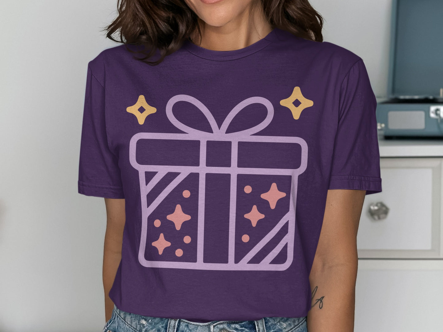 Purple Tee with Decorative Wrapped Gift Box Design