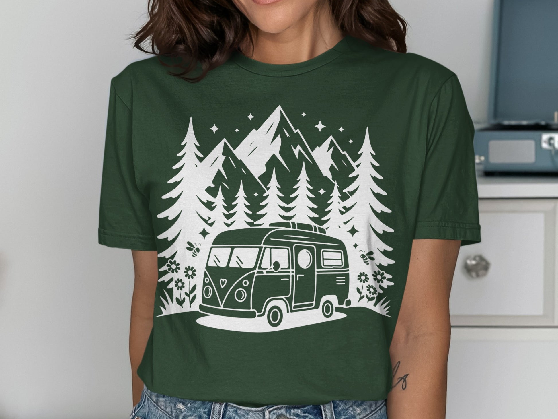 Retro Camper Van Forest Adventure Design Shirt