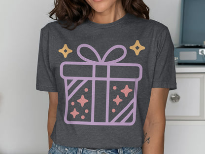Sparkly Gift Box Accent Graphic Top for Casual Outfits