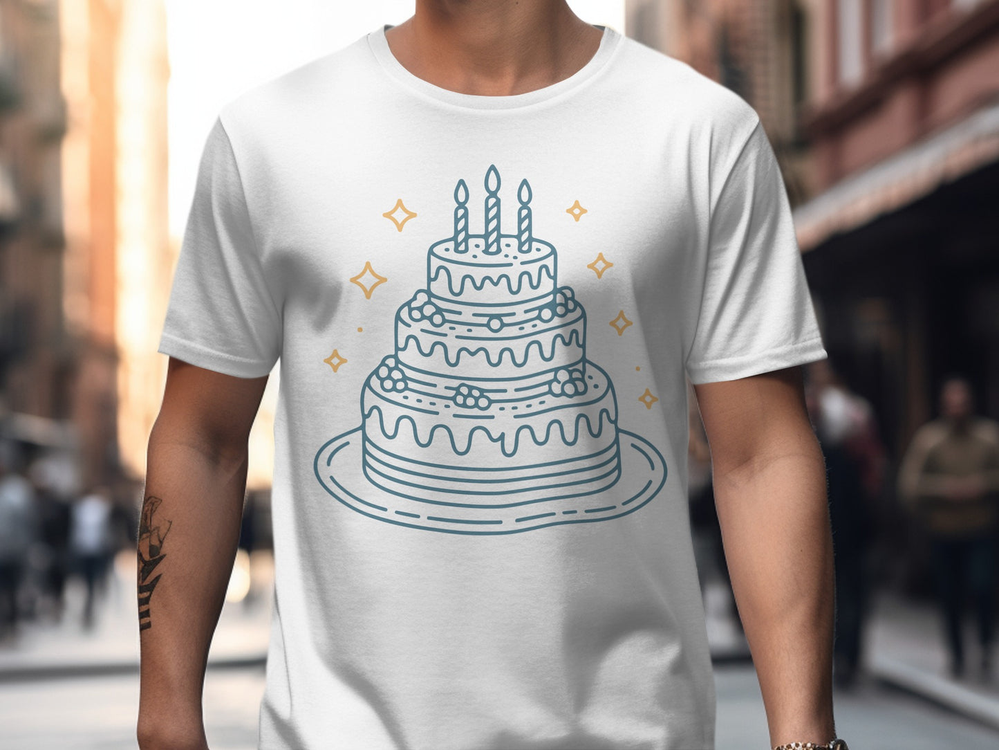 White T-shirt with Festive Cake Illustration Design