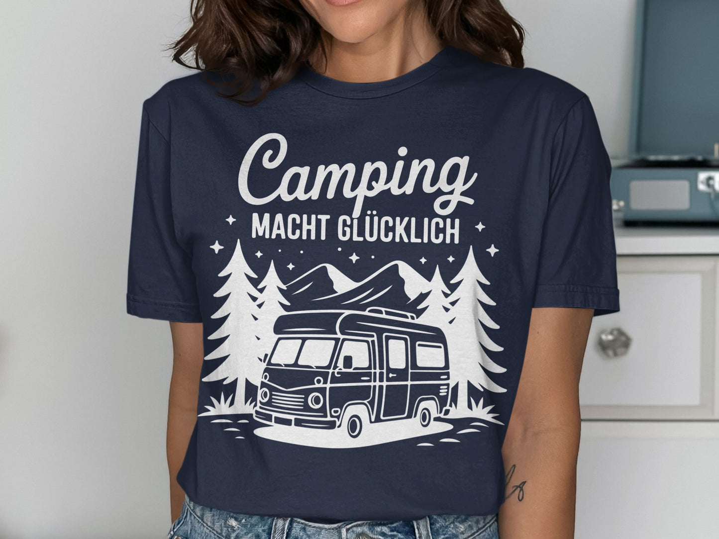 Camping Macht Glücklich Shirt with Mountain and Van Design