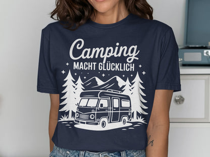 Camping Macht Glücklich Shirt with Mountain and Van Design