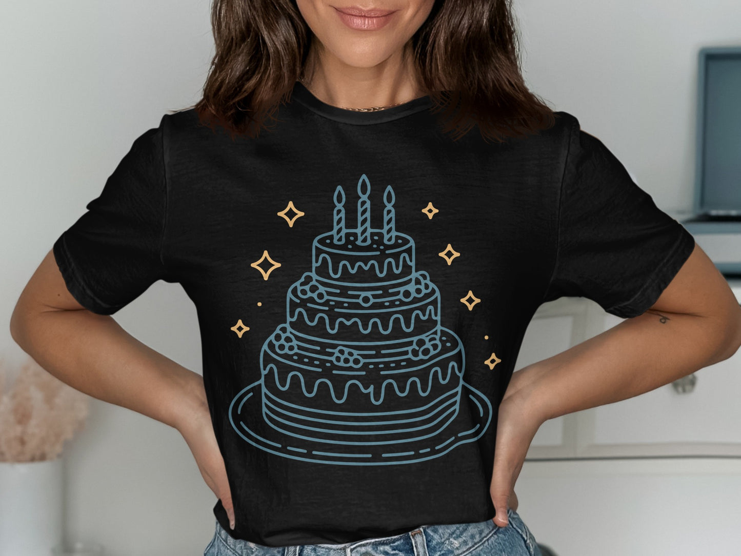 Graphic Cake Candle Design on Black Shirt Product