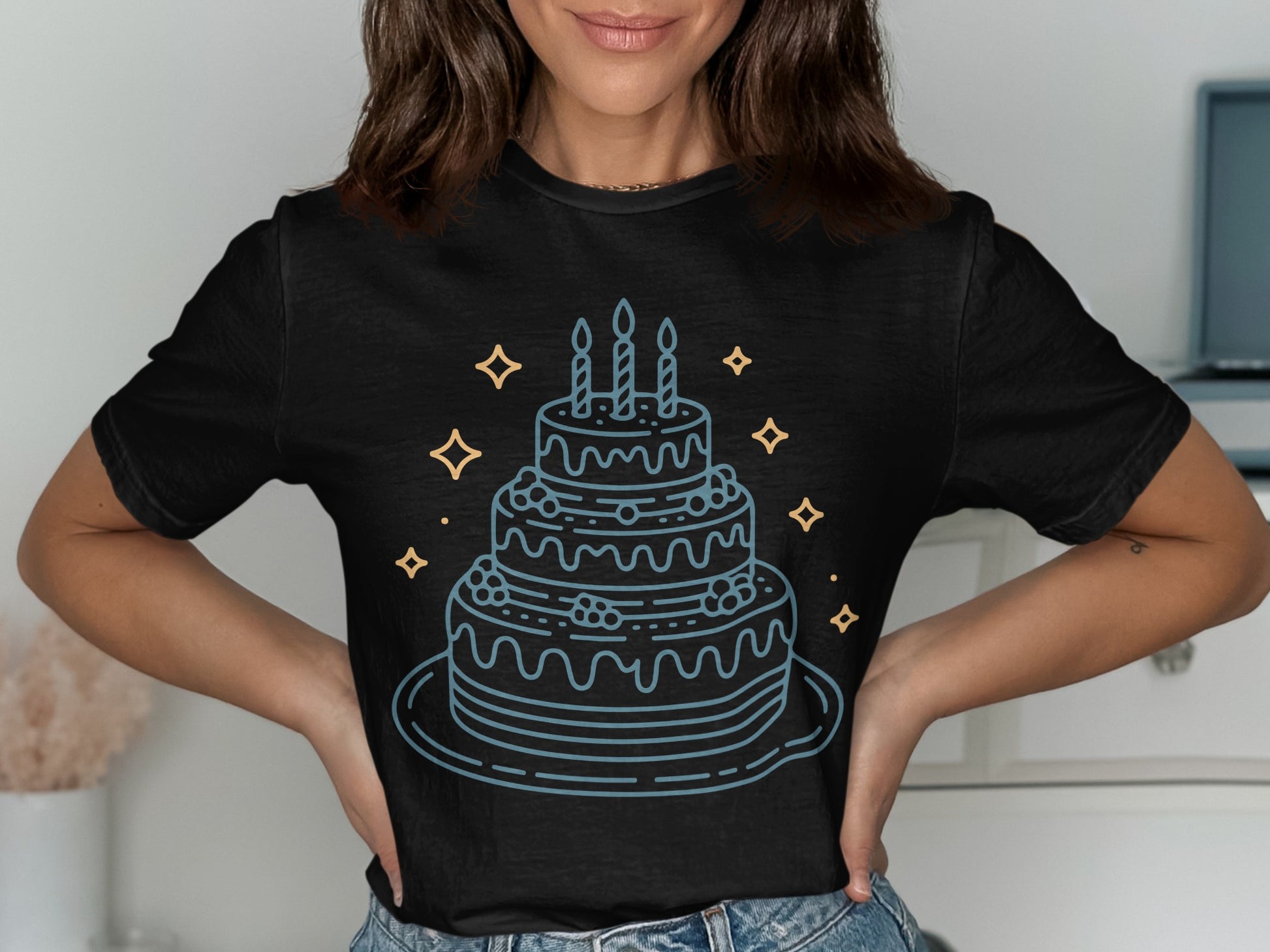 Graphic Cake Candle Design on Black Shirt Product