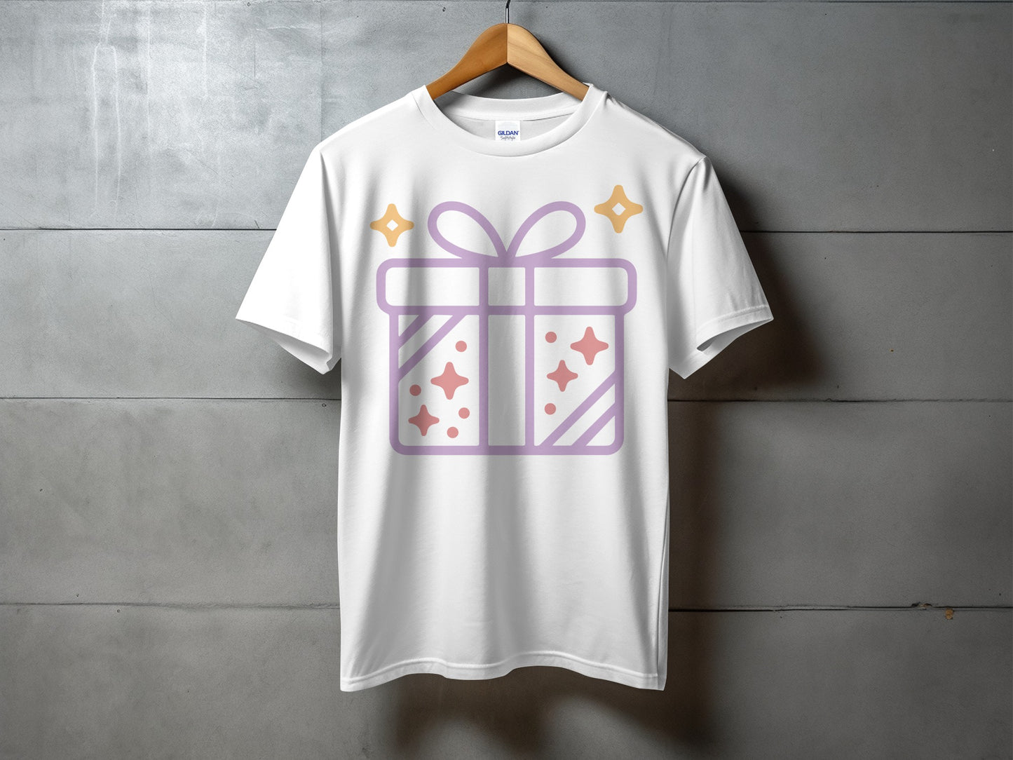 White T-shirt with Gift Box and Sparkles Design