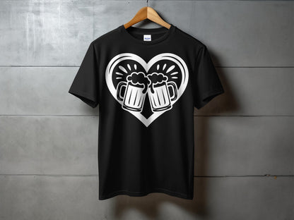 Heart and Beer Mugs Graphic T-Shirt Fun Design