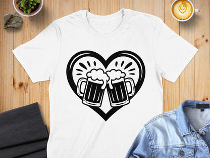Two Beer Mugs with Heart Design Funny Graphic Tee