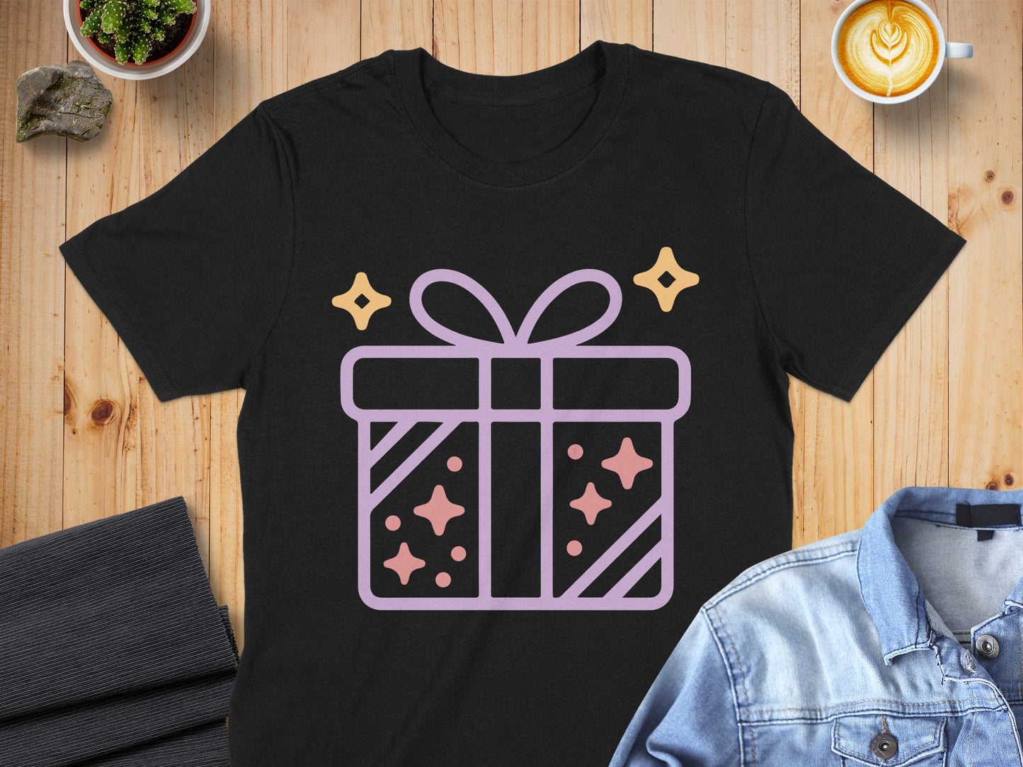 Festive Gift Box Design with Stars T-shirt