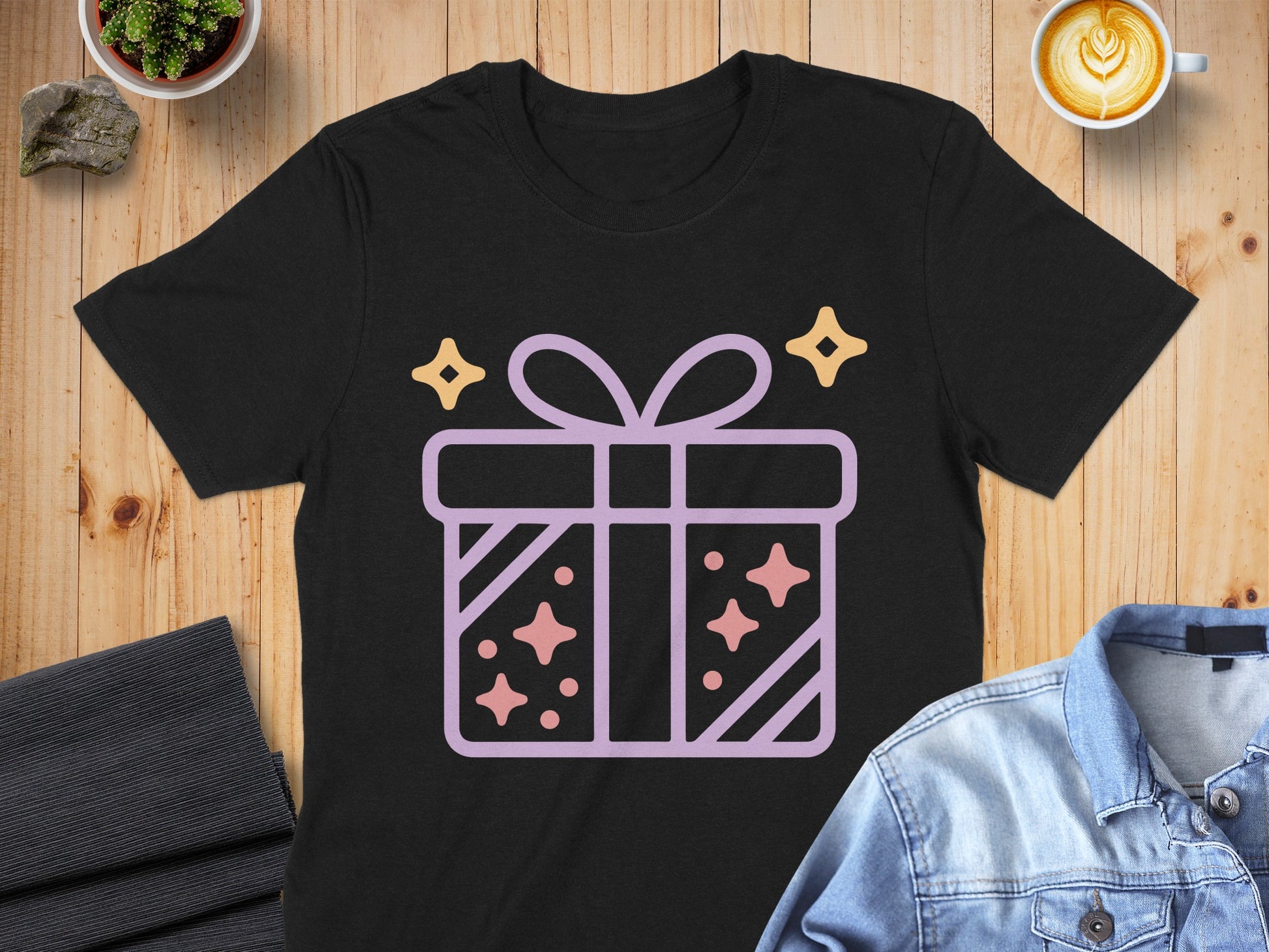 Festive Gift Box Design with Stars T-shirt