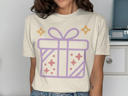 Stylish T-Shirt Featuring Colorful Gift Box Design