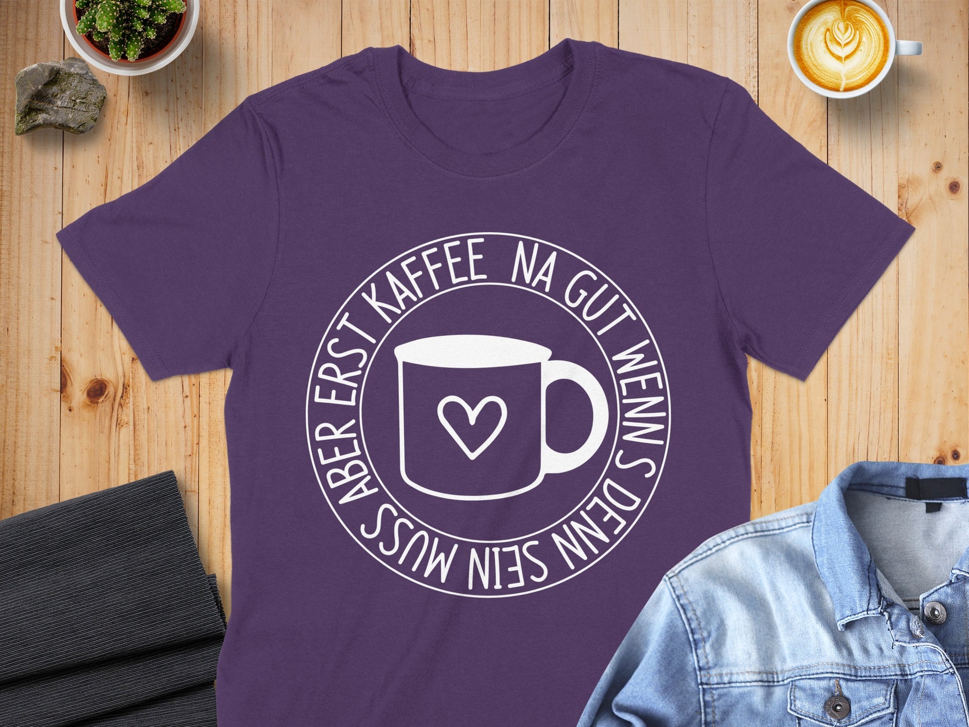 Fun Purple Shirt with Coffee Quote in German