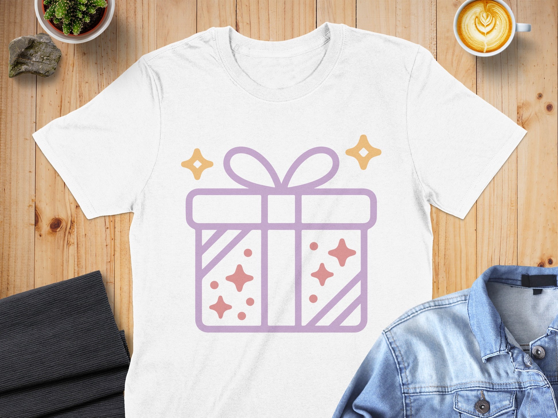 Sparkling Gift Box Icon Design on White T-shirt