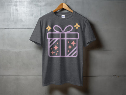 Unique Gift Box Design T-Shirt with Stars and Ribbon