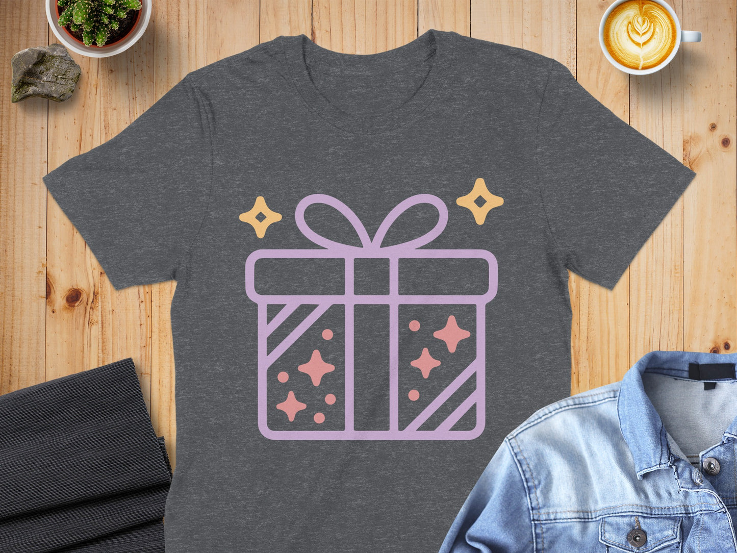 Sparkling Gift Box Design on Dark Grey T-shirt