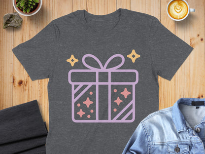 Sparkling Gift Box Design on Dark Grey T-shirt
