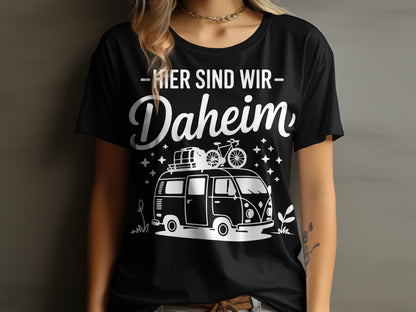 Black Tee with Here Sind Wir Daheim Camping Print