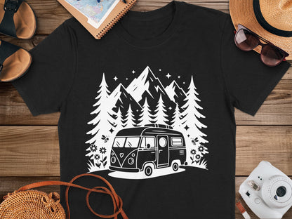 Retro Camper Van with Mountains and Trees T-Shirt