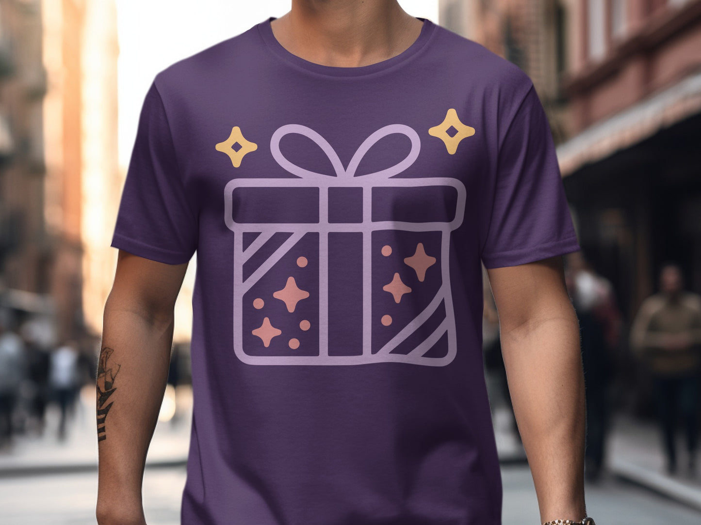 Purple T-Shirt with Sparkling Gift Box Graphic