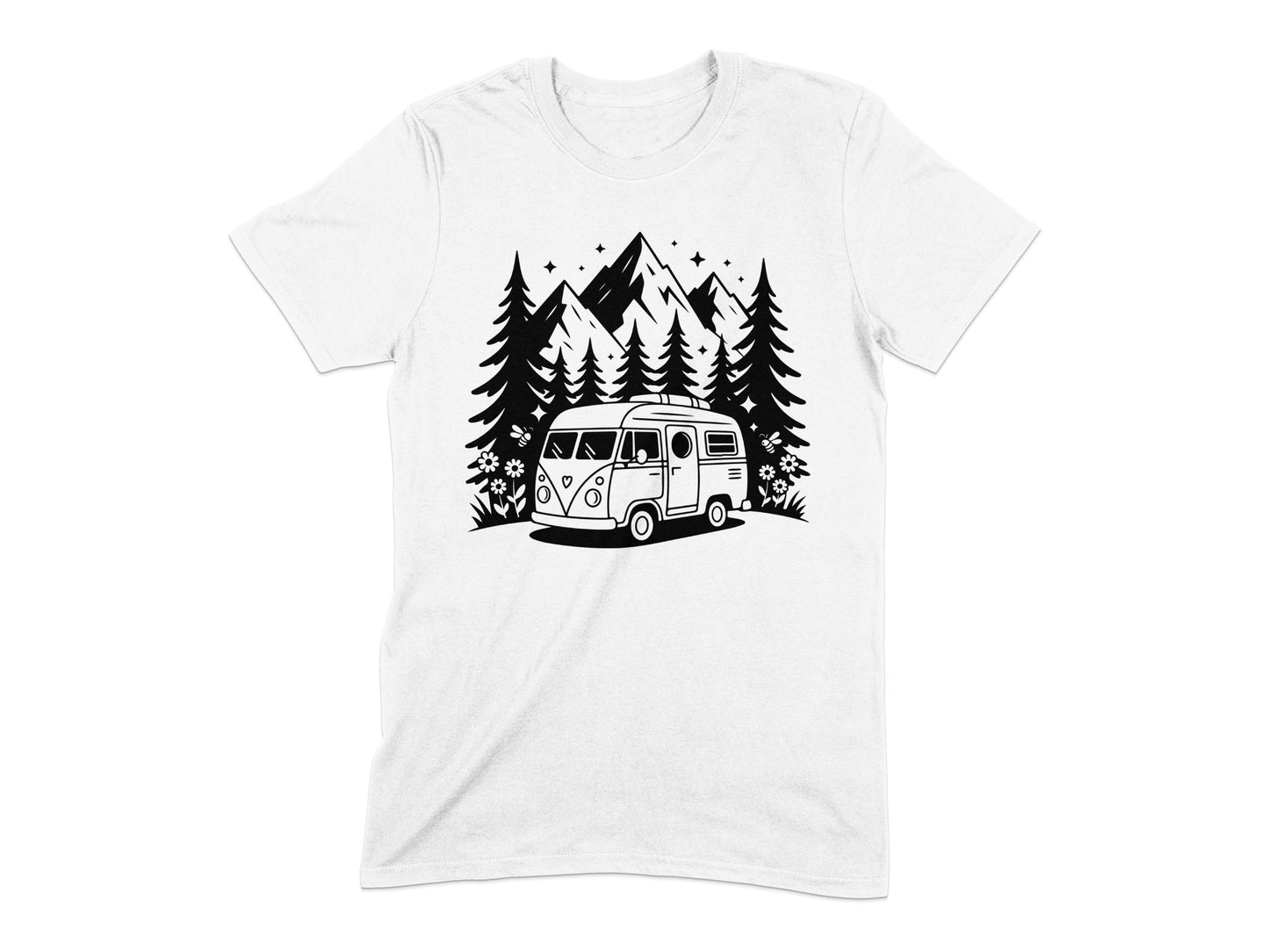 Vintage Camper in Forest with Mountains T-Shirt