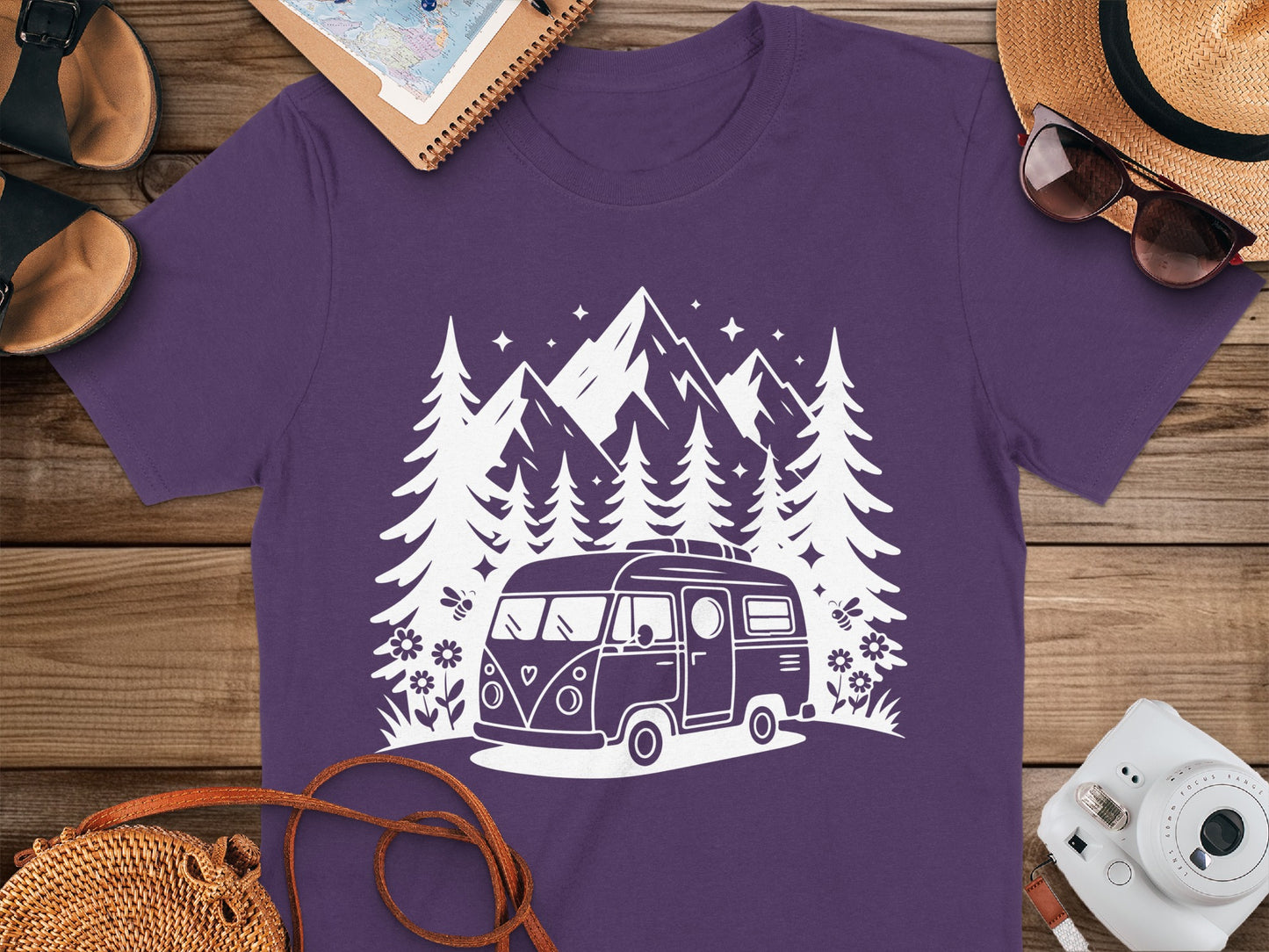 Happy Camper T-Shirt With Vintage Mountain Van Design