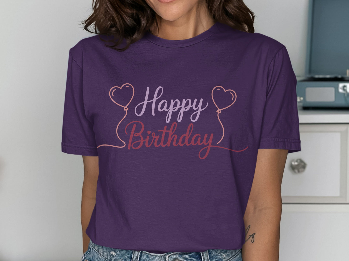 Happy Birthday T-Shirt with Heart Balloons Design