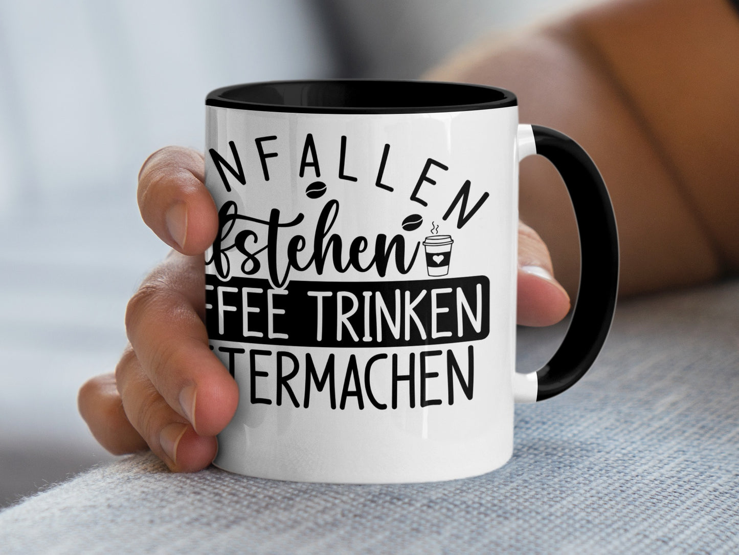 Aufstehen Kaffee Trinken Produkt Schwarzer Griff Becher