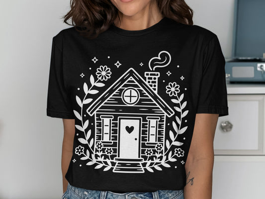 Whimsical Cottage with Flowers and Smoke T-Shirt